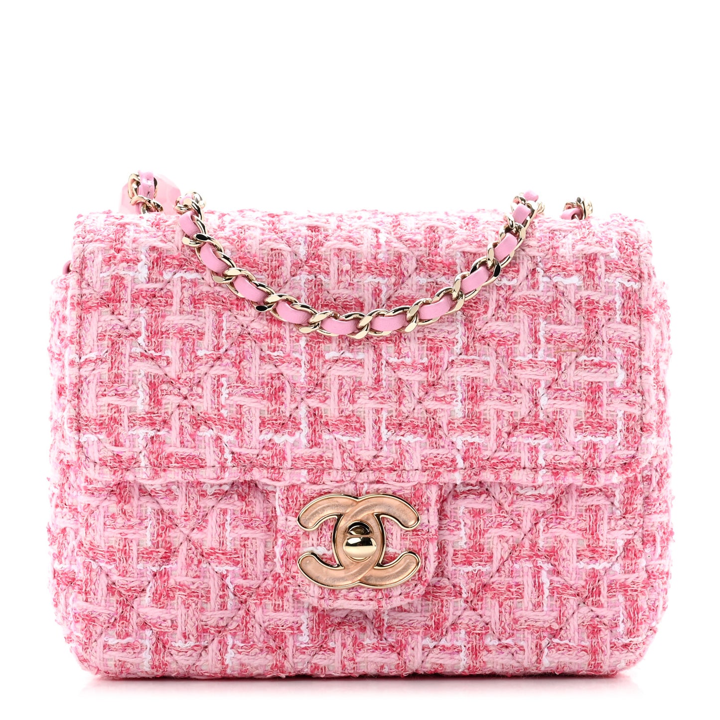 Tweed Resin Quilted Mini Heart Square Flap Pink White