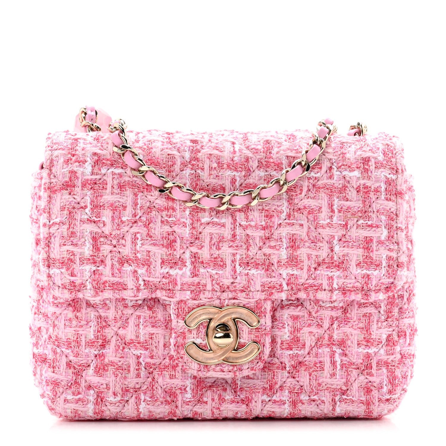 Chanel Tweed Resin Quilted Mini Heart Square Flap Pink White 1 of 8