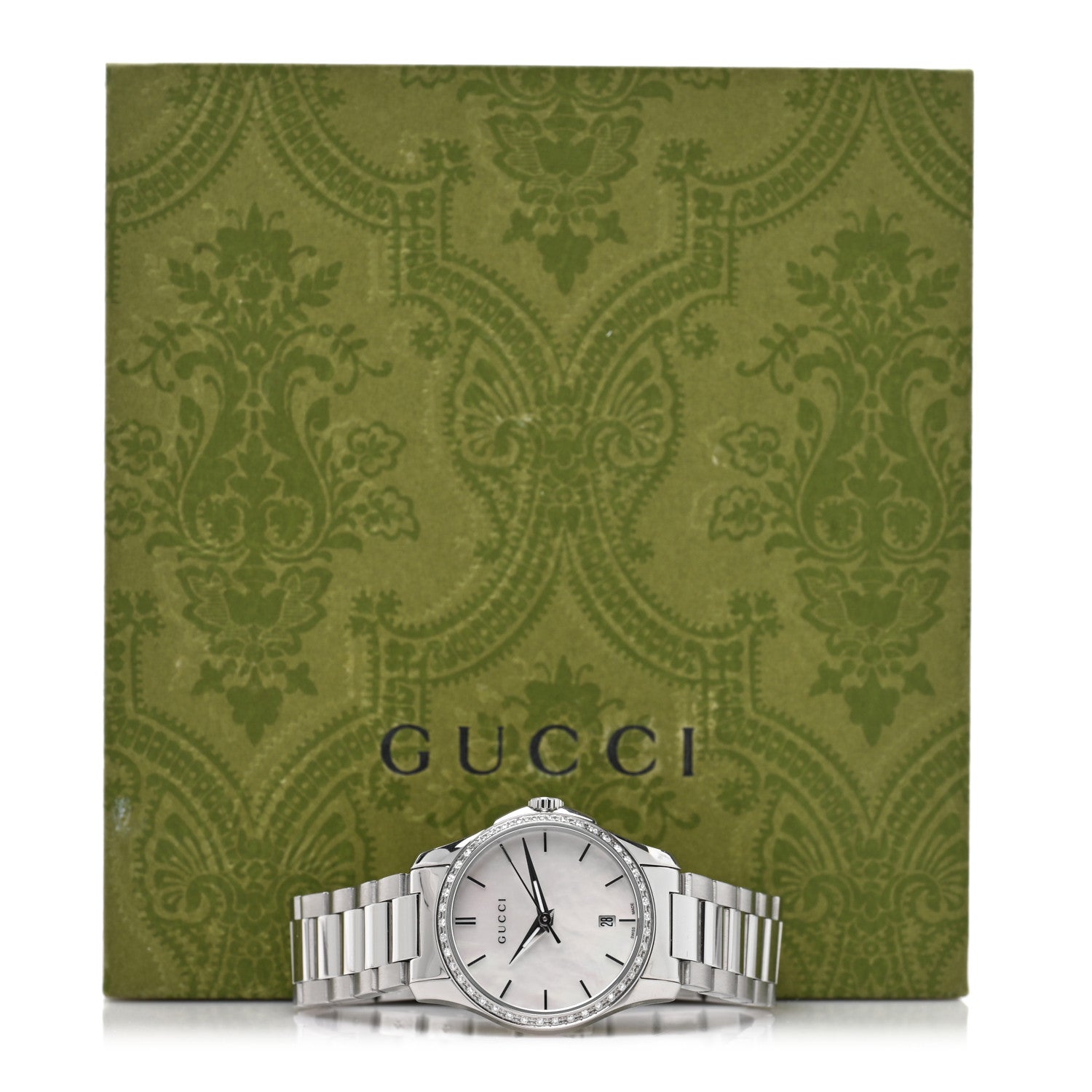 Gucci Stainless Steel Diamond Bezel Mother of Pearl 28mm G-Timeless Quartz Watch 5 of 5