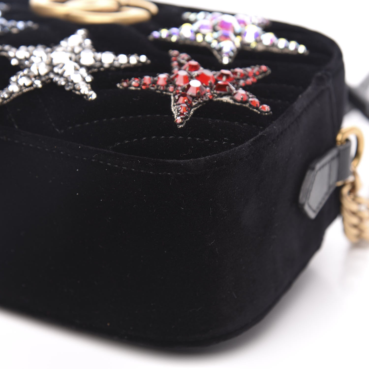 Gucci Velvet Matelasse Crystal Star Embroidered Small GG Marmont Chain Shoulder Bag Black 10 of 11