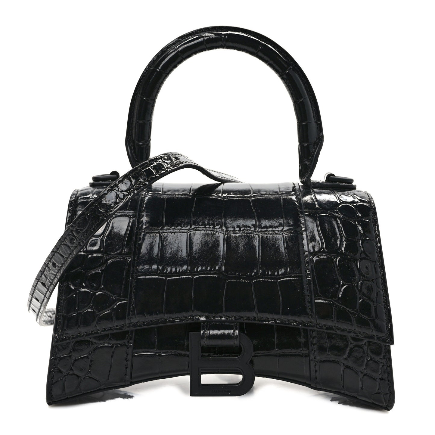 Shiny Calfskin Monochrome Crocodile Embossed Hourglass Top Handle Bag XS Black