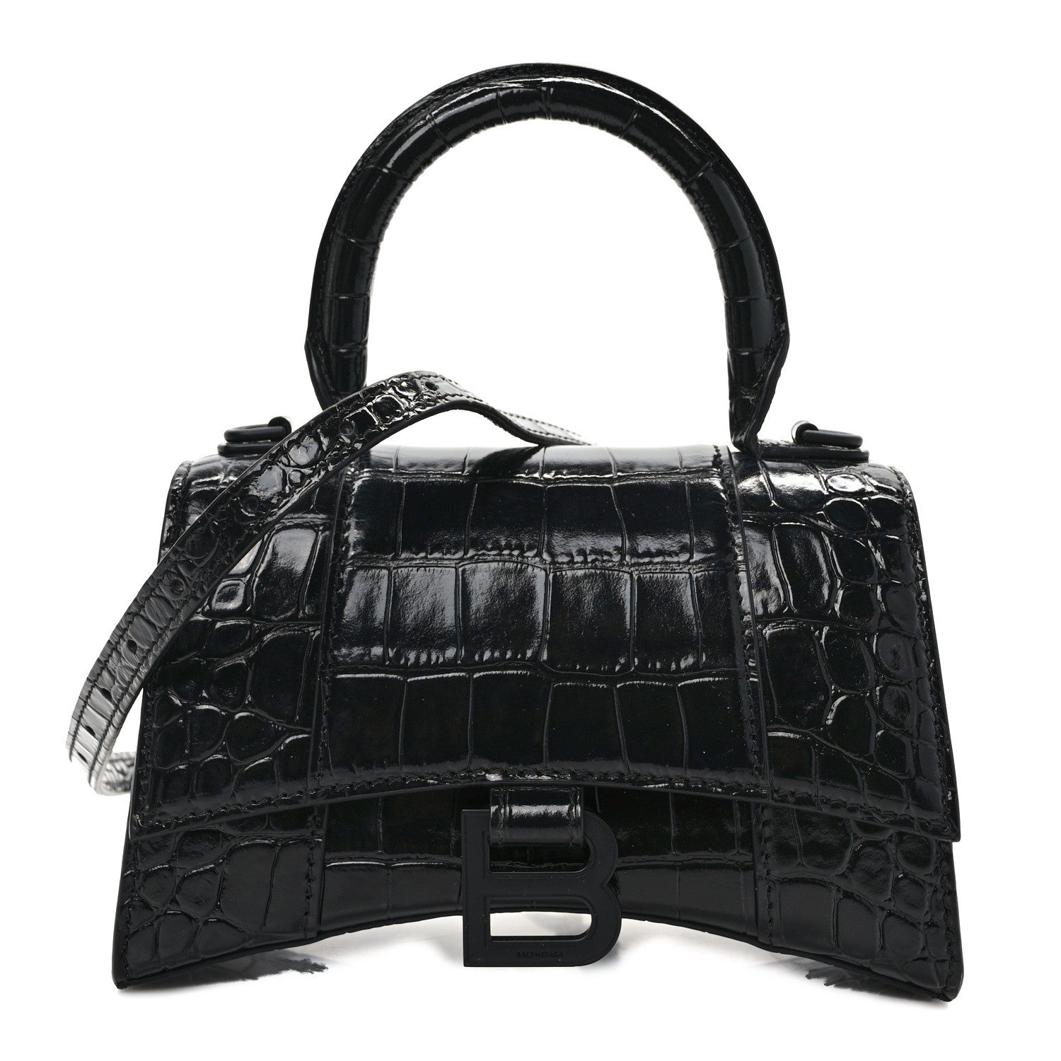 Balenciaga Shiny Calfskin Monochrome Crocodile Embossed Hourglass Top Handle Bag XS Black 1 of 8