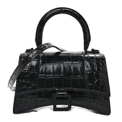 Balenciaga Shiny Calfskin Monochrome Crocodile Embossed Hourglass Top Handle Bag XS Black 1 of 8