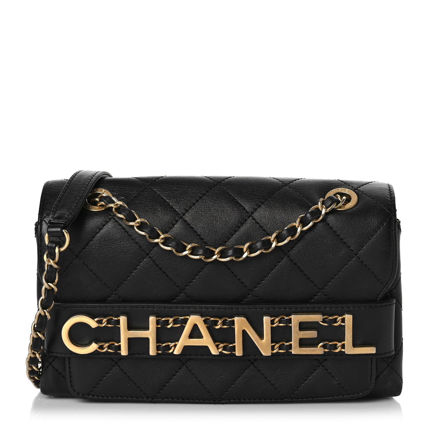 Calfskin Quilted Small Enchained Flap Black