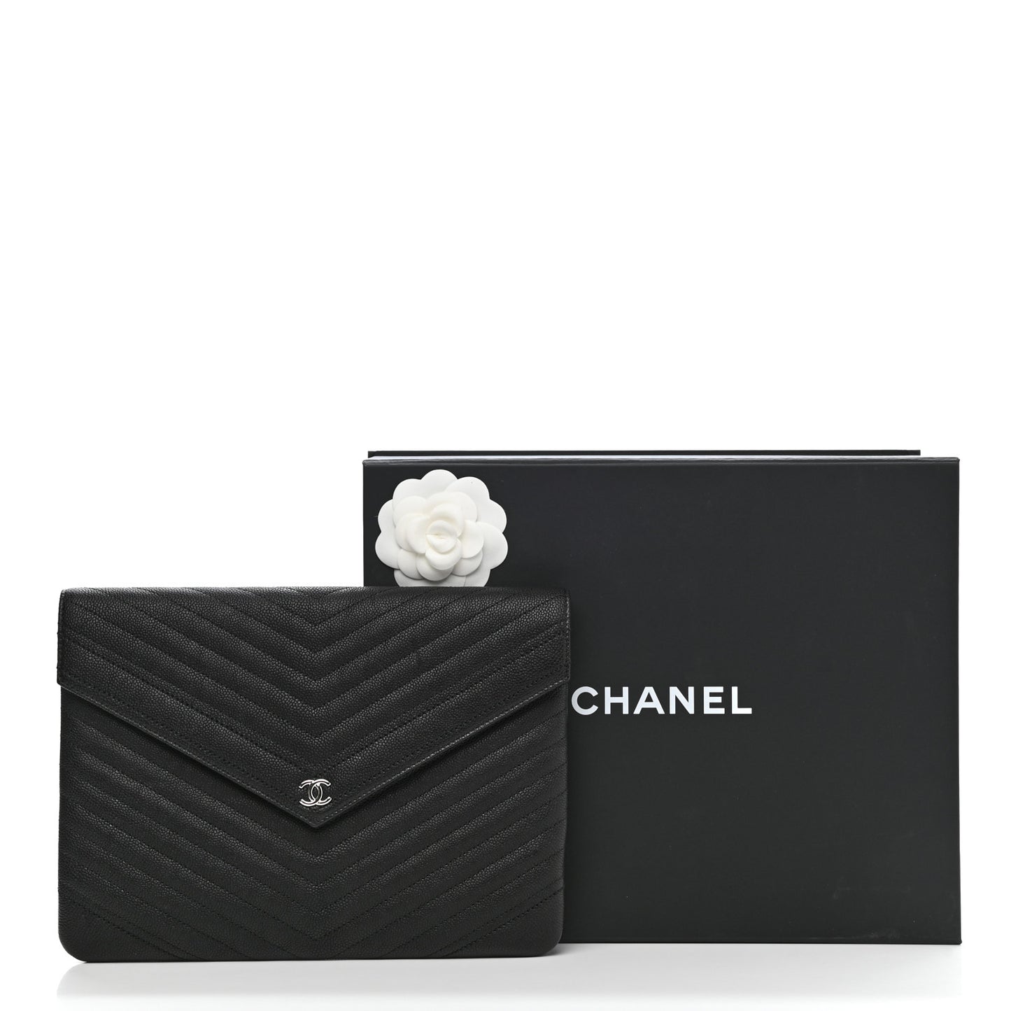 Calfskin Chevron Quilted Small Envelope Clutch Black