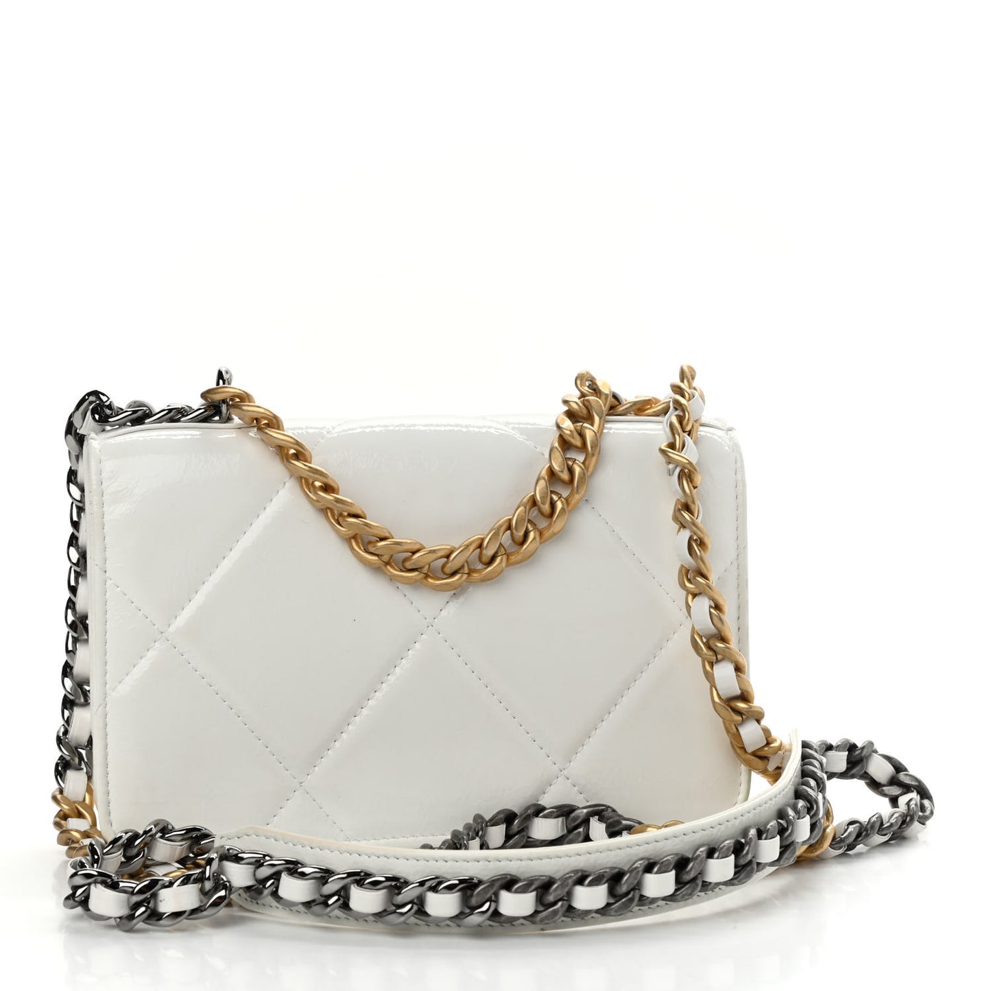 Shiny Crumpled Calfskin Quilted Chanel 19 Wallet On Chain WOC White