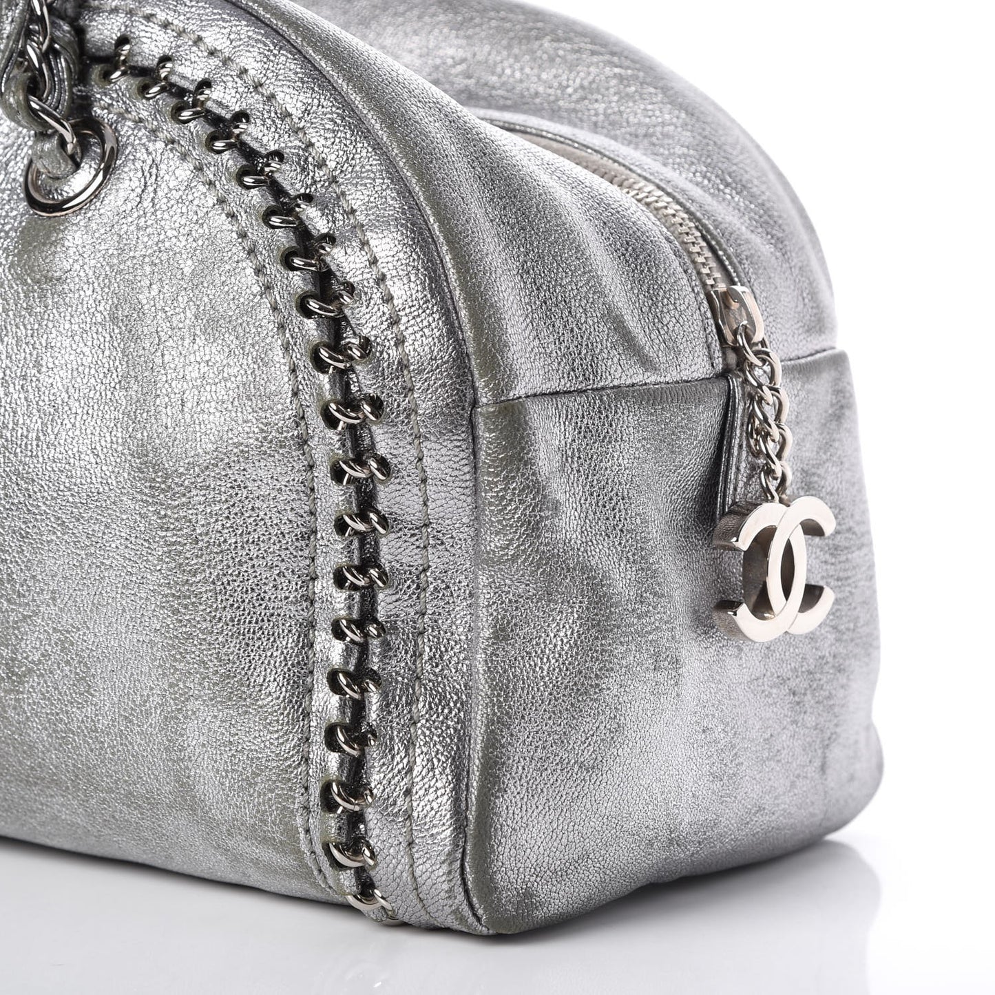 Metallic Goatskin Medium Luxe Ligne Bowler Tote Silver