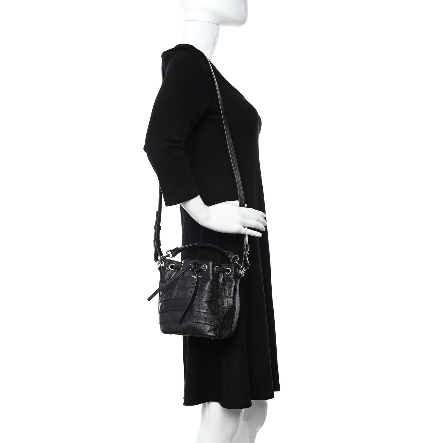 Calfskin Crocodile Embossed Small Emmanuelle Bucket Bag Black