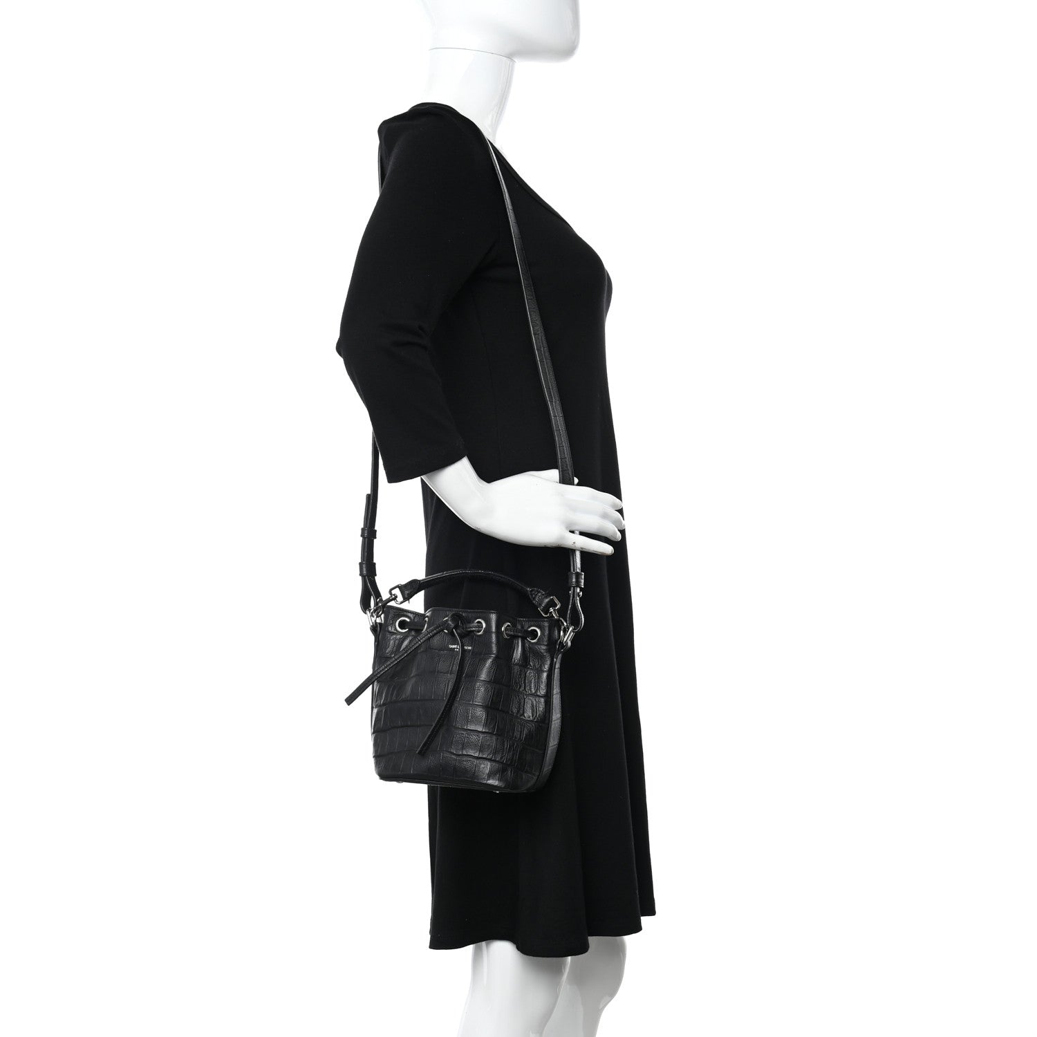 Saint Laurent Calfskin Crocodile Embossed Small Emmanuelle Bucket Bag Black 2 of 13