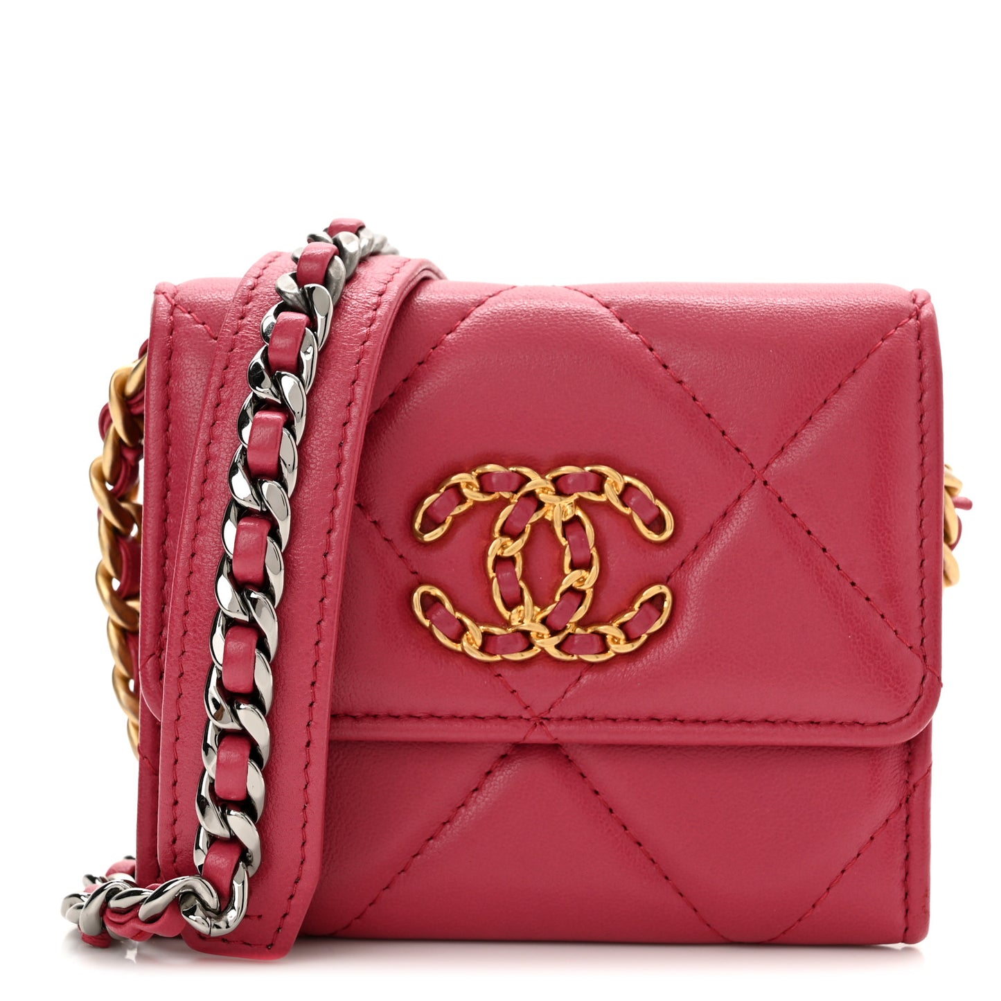 Lambskin Quilted Chanel 19 Flap Coin Purse With Chain Dark Pink