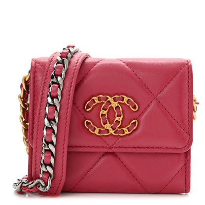 Chanel Lambskin Quilted Chanel 19 Flap Coin Purse With Chain Dark Pink 1 of 12