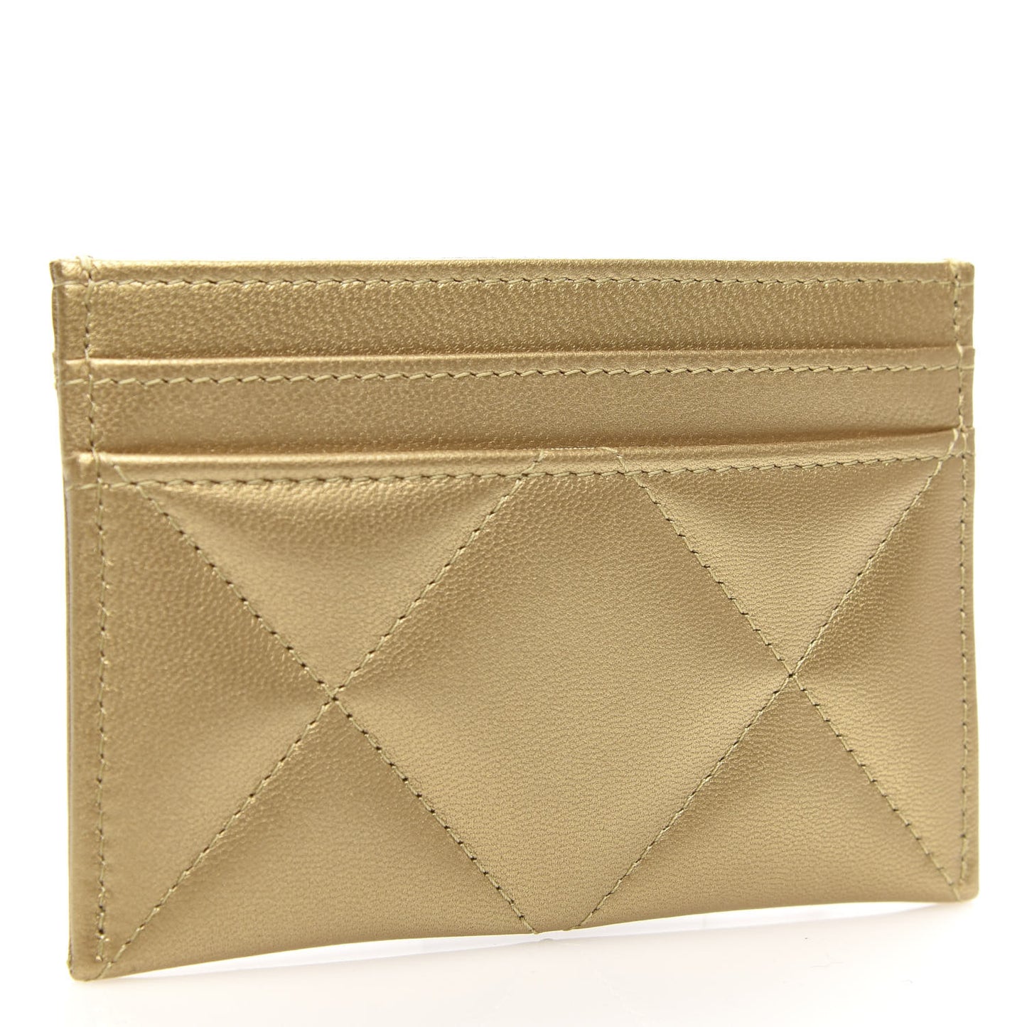 Metallic Goatskin Quilted Chanel 19 Card Holder Gold