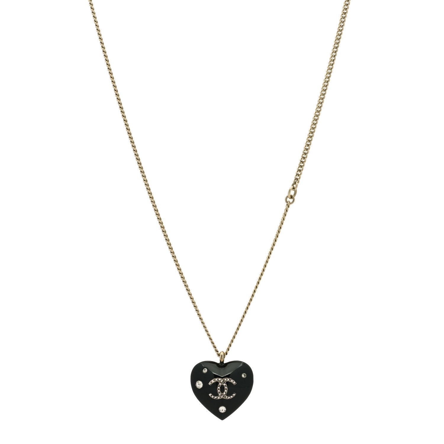 Chanel Resin Crystal CC Heart Necklace Black Silver 1 of 5