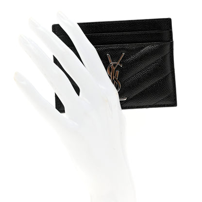 Saint Laurent Grain De Poudre Matelasse Chevron Monogram Credit Card Case Black 2 of 7