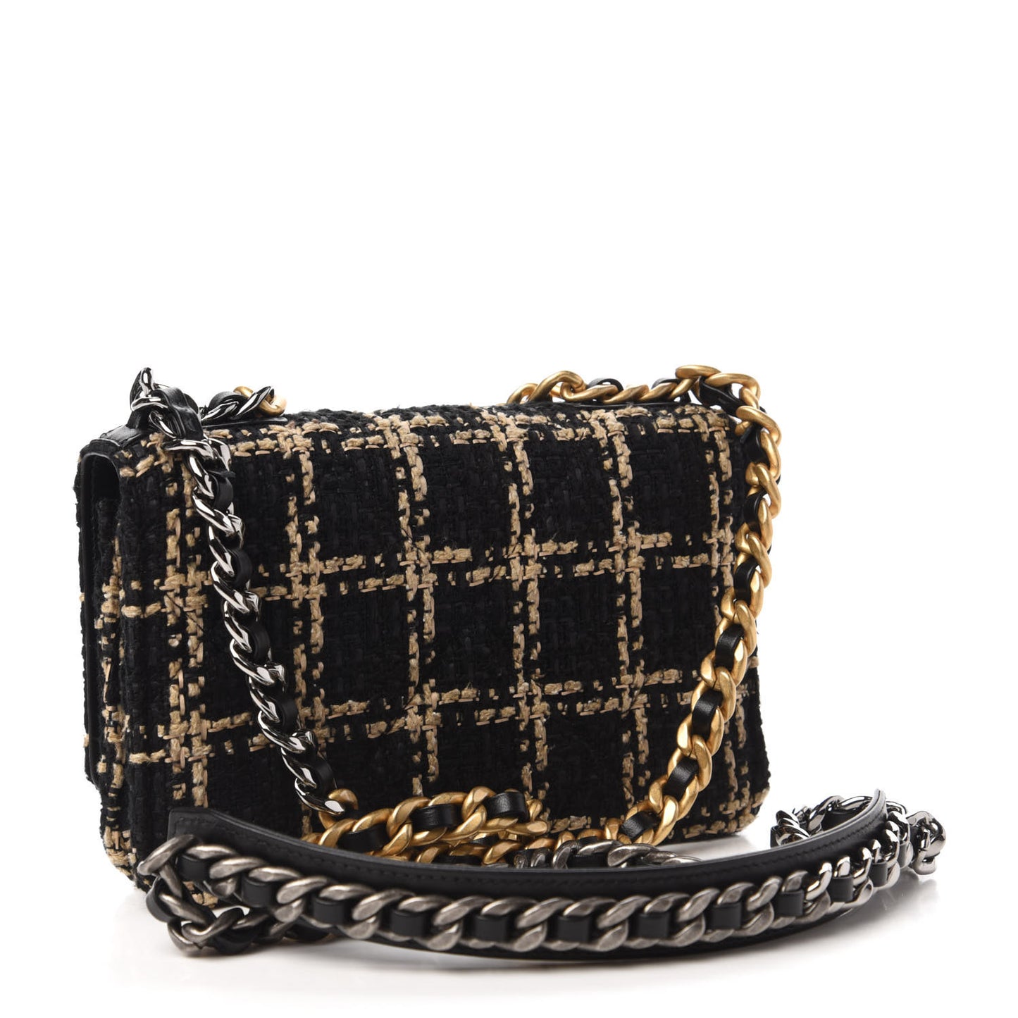 Tweed Quilted Chanel 19 Wallet On Chain WOC Black Beige