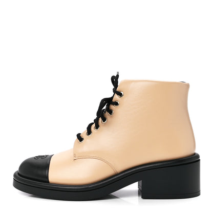 Chanel Lambskin Lace Up Combat Boots 39.5 Beige Black 1 of 8