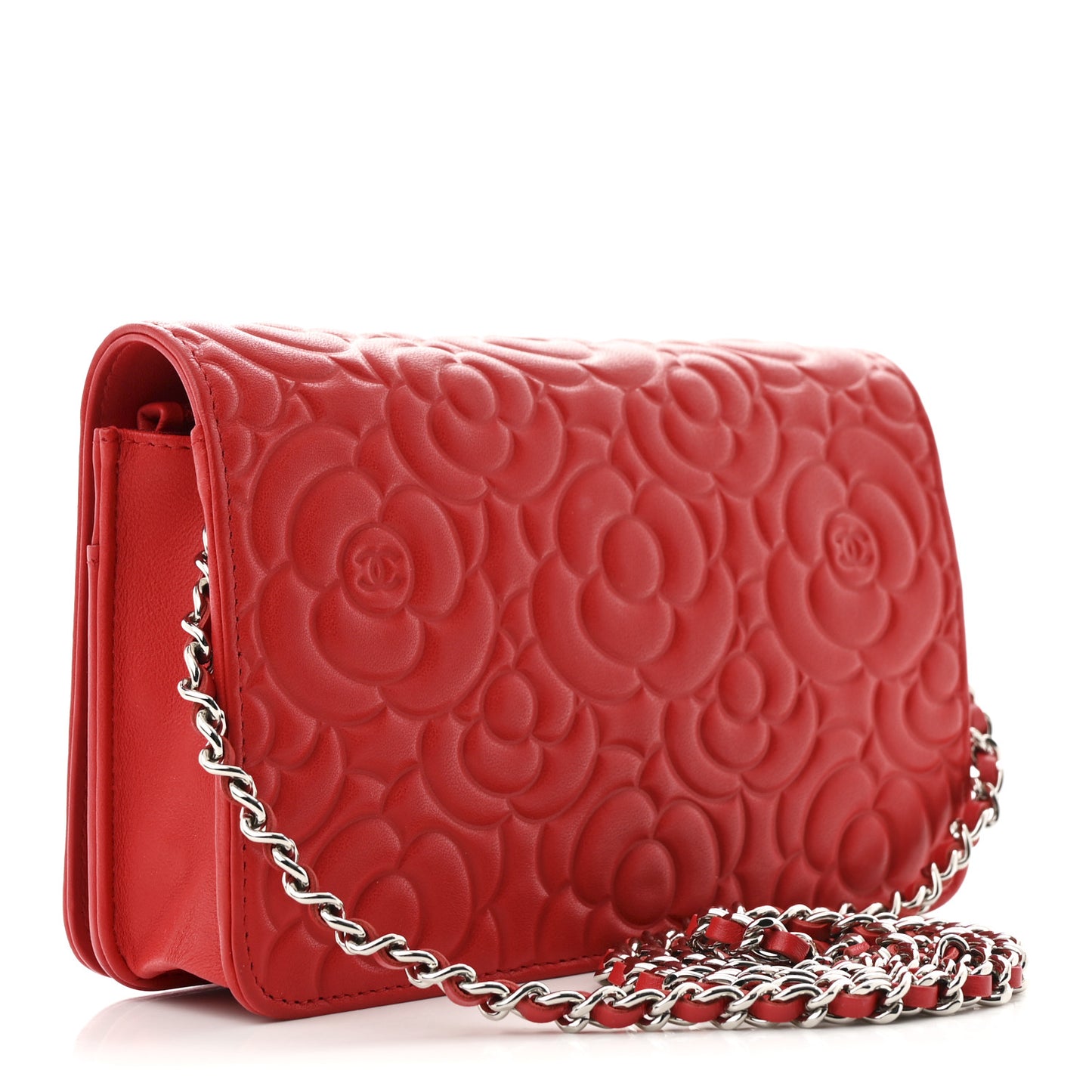 Lambskin Camellia Embossed Wallet on Chain WOC Red