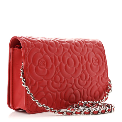 Chanel Lambskin Camellia Embossed Wallet on Chain WOC Red 3 of 12