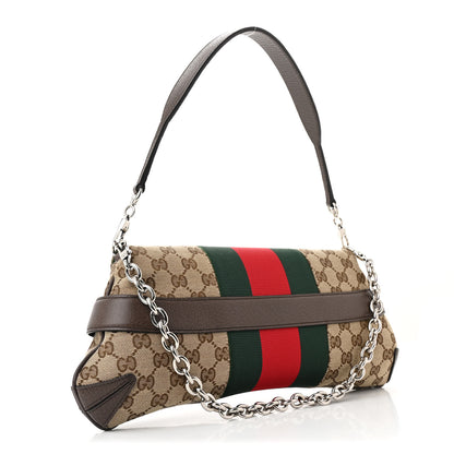 Gucci Monogram Textured Dollar Calfskin Heavy Grosgrain Web Medium Maxi Horsebit Chain Shoulder Bag Beige Ebony New Acero 3 of 11