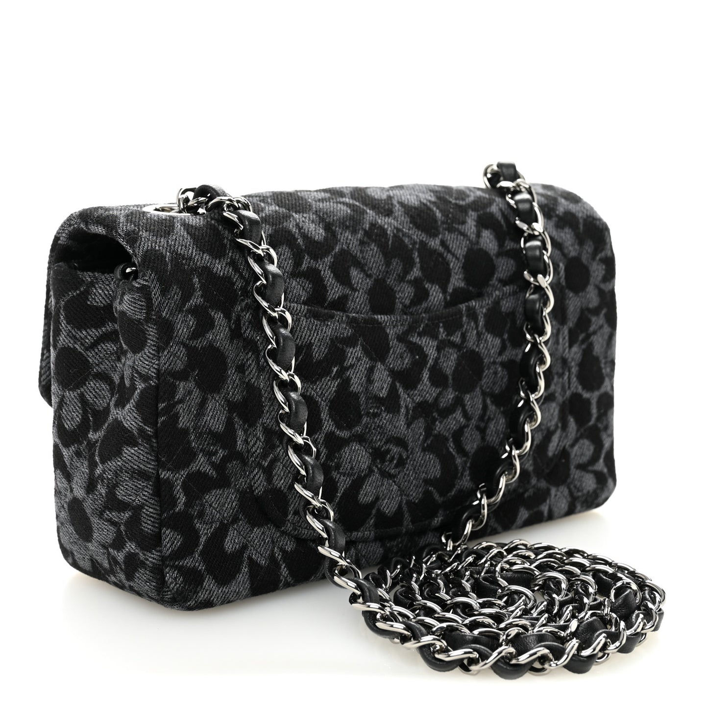 Printed Denim Quilted Flower Mini Rectangular Flap Black