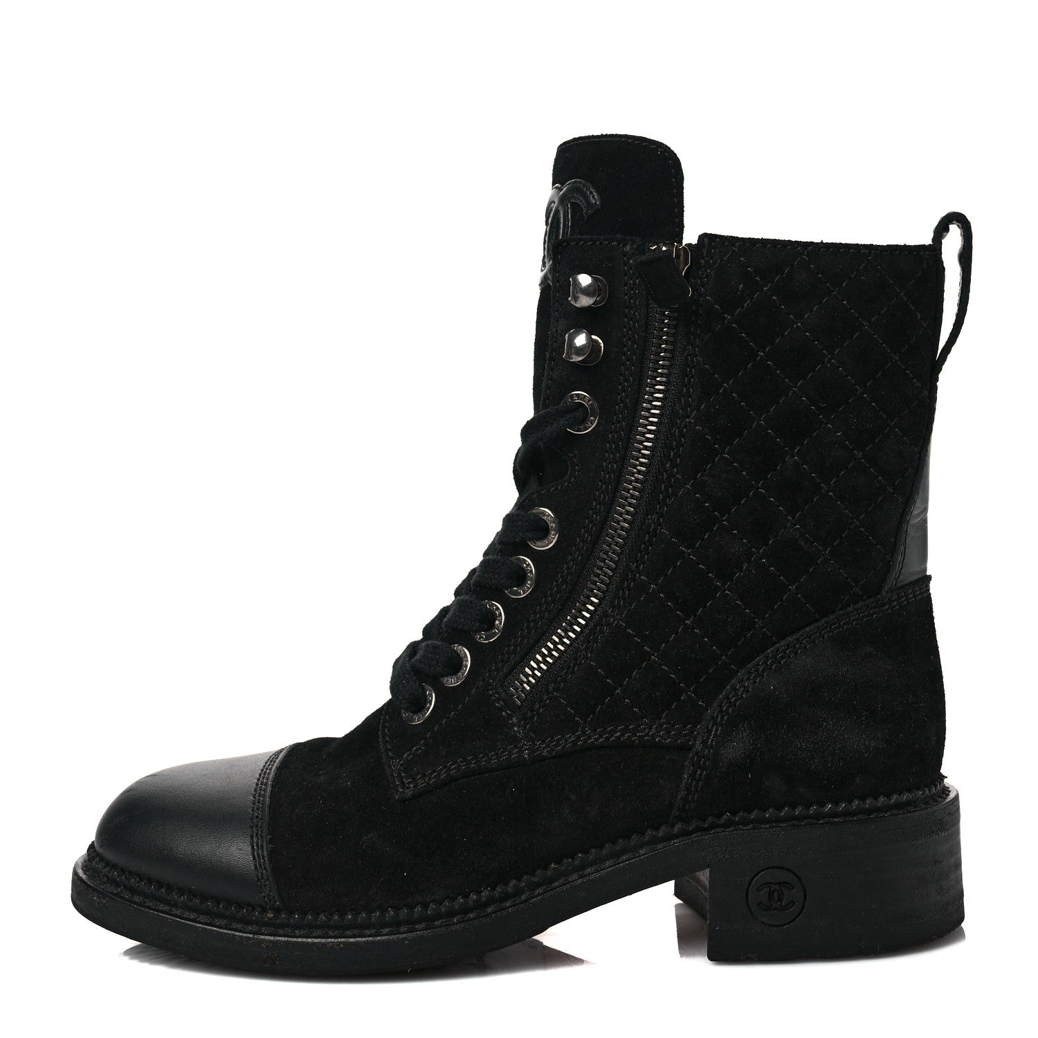 Chanel Suede Calfskin Quilted CC Lace Up Combat Boots 36 Black 1 of 8