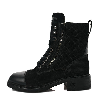 Chanel Suede Calfskin Quilted CC Lace Up Combat Boots 36 Black 1 of 8