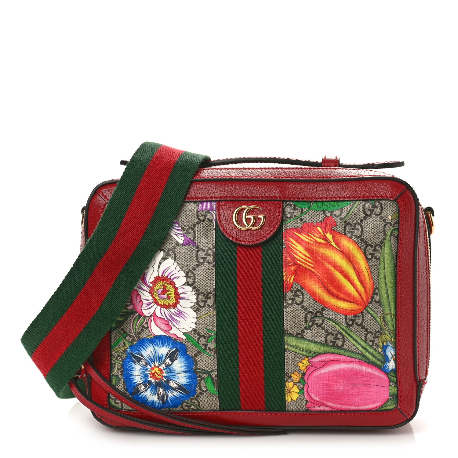 Gucci GG Supreme Monogram Flora Web Small Ophidia Top Handle Shoulder Bag Hibiscus Red 1 of 9