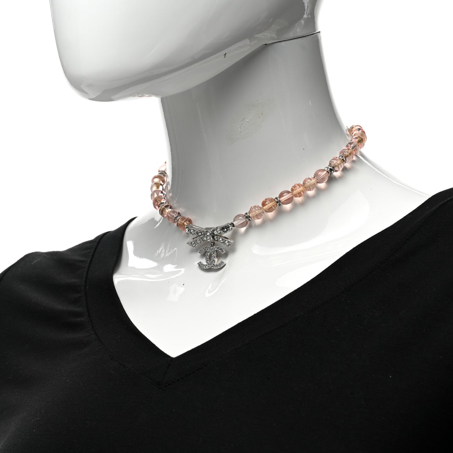 Resin Bead Crystal CC Bow Drop Choker Necklace Pink Silver