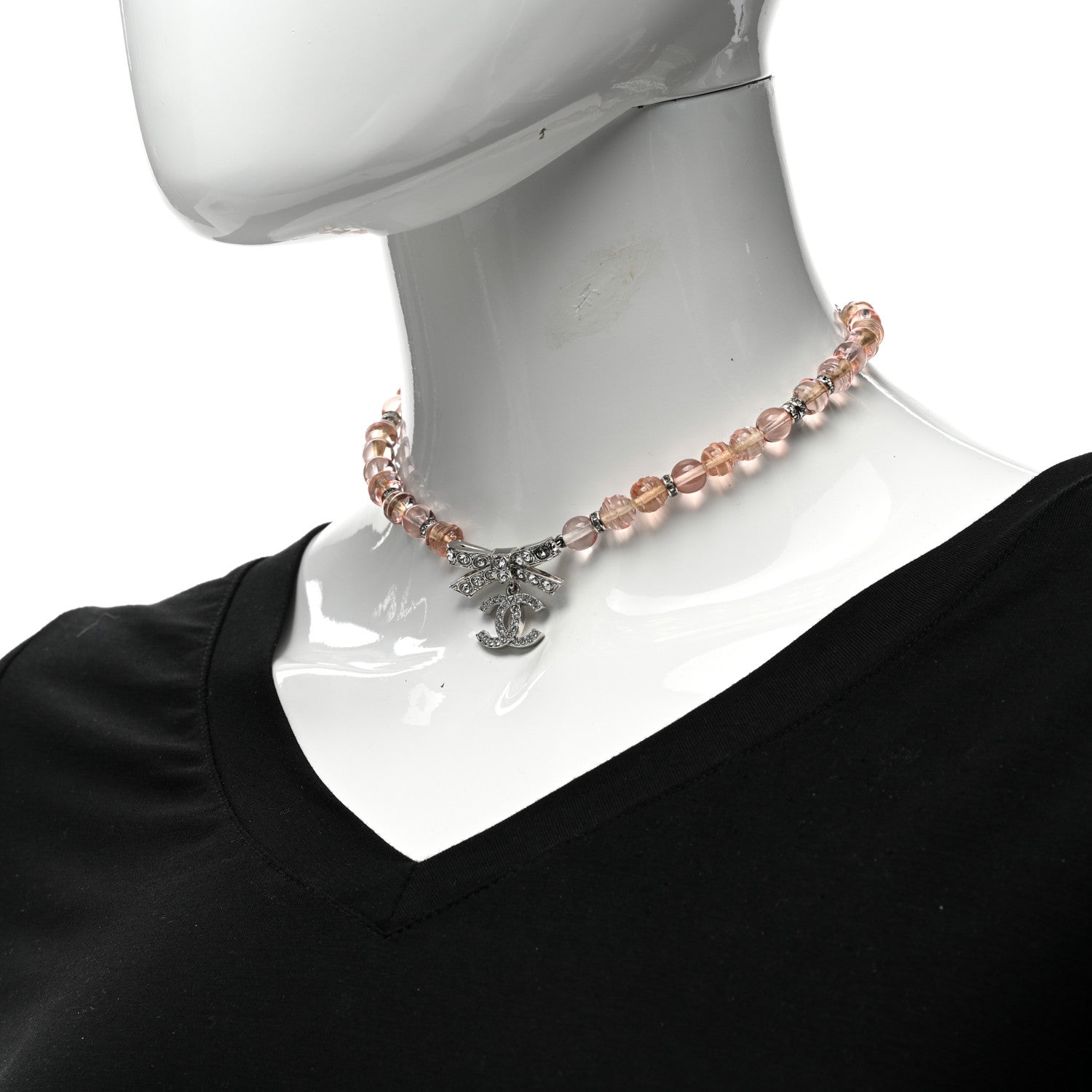 Chanel Resin Bead Crystal CC Bow Drop Choker Necklace Pink Silver 2 of 7