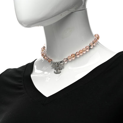 Chanel Resin Bead Crystal CC Bow Drop Choker Necklace Pink Silver 2 of 7