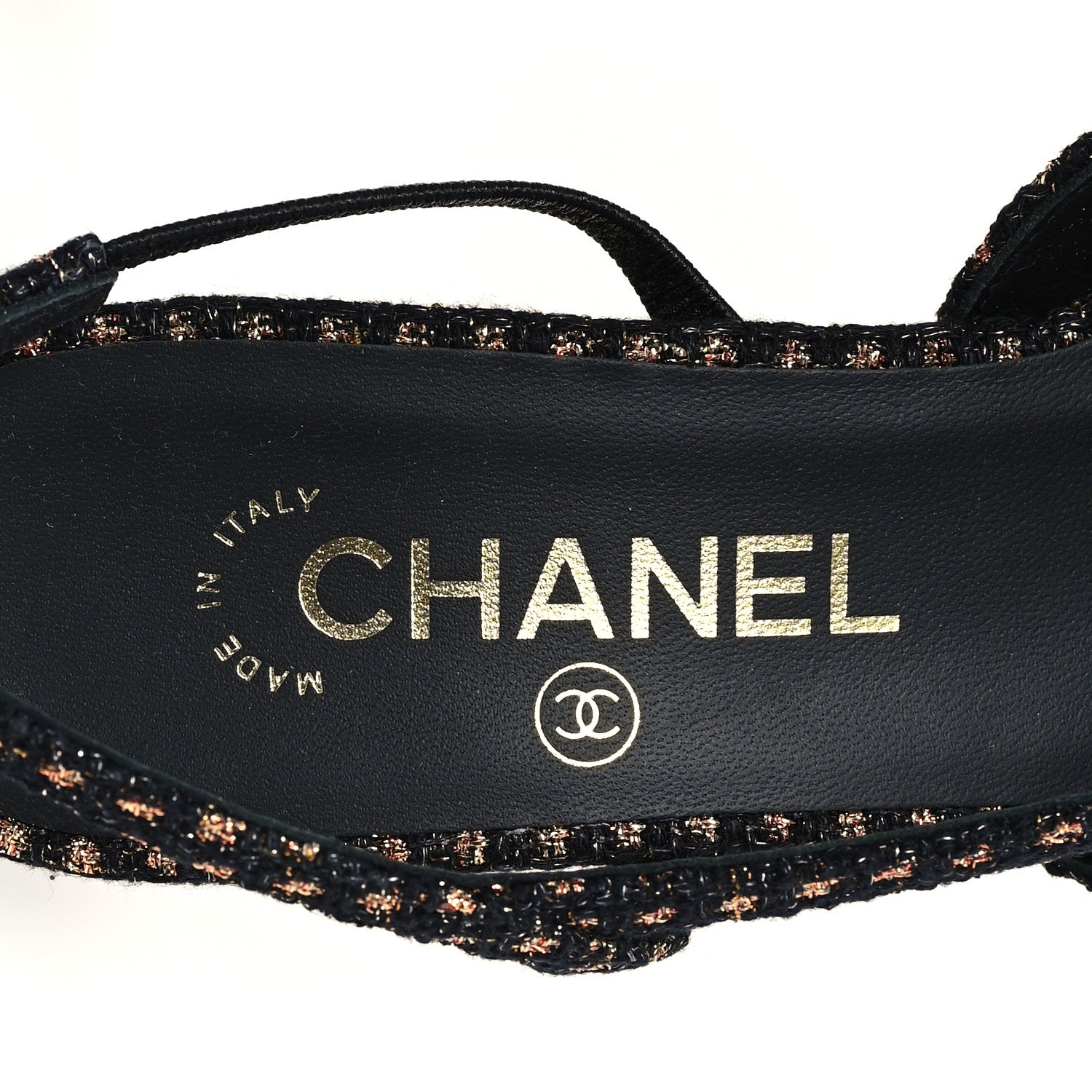 Chanel Iridescent Tweed Grosgrain Cap Toe CC Slingback Pumps 37.5 Black Gold 8 of 10