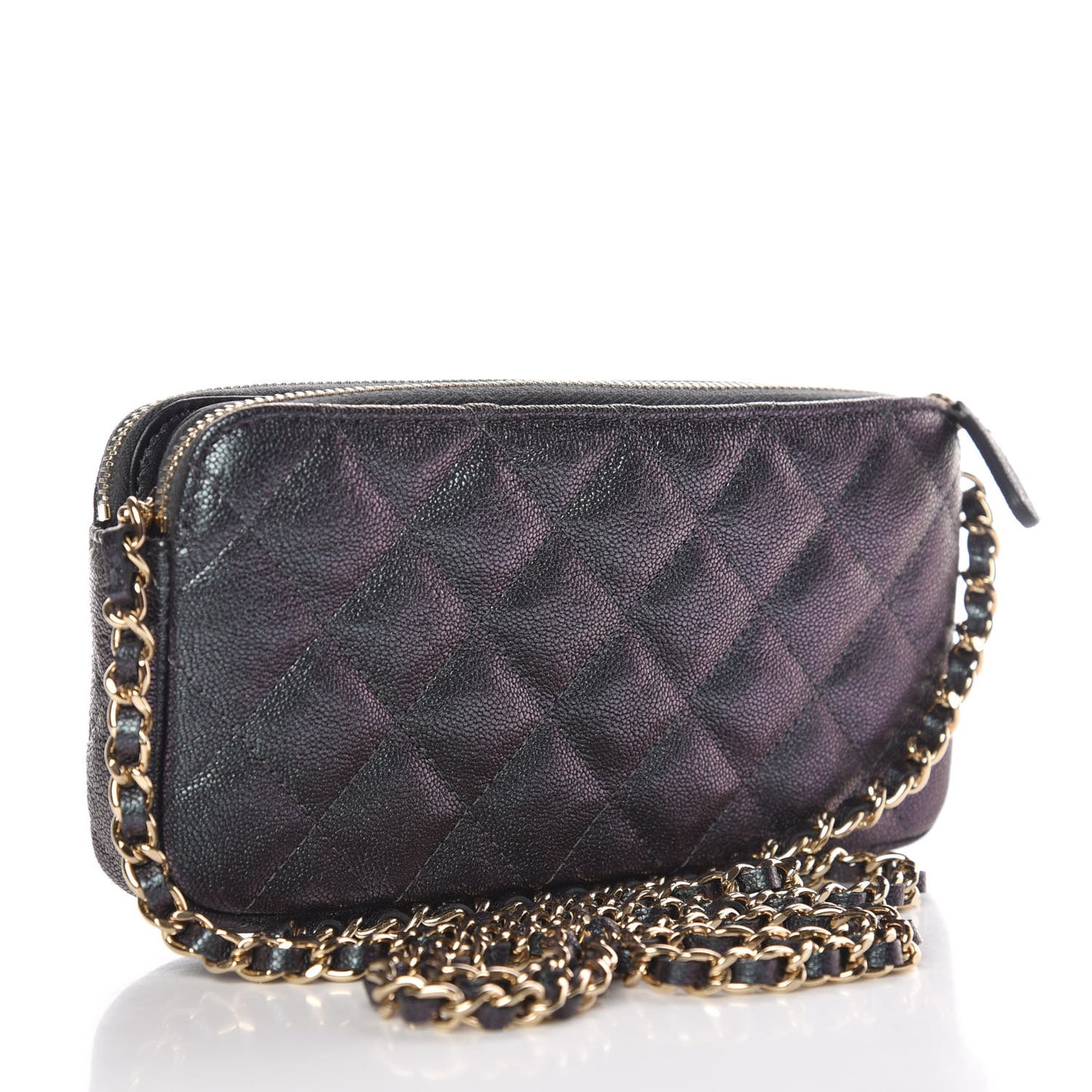 Iridescent Caviar Quilted Clutch With Chain Black