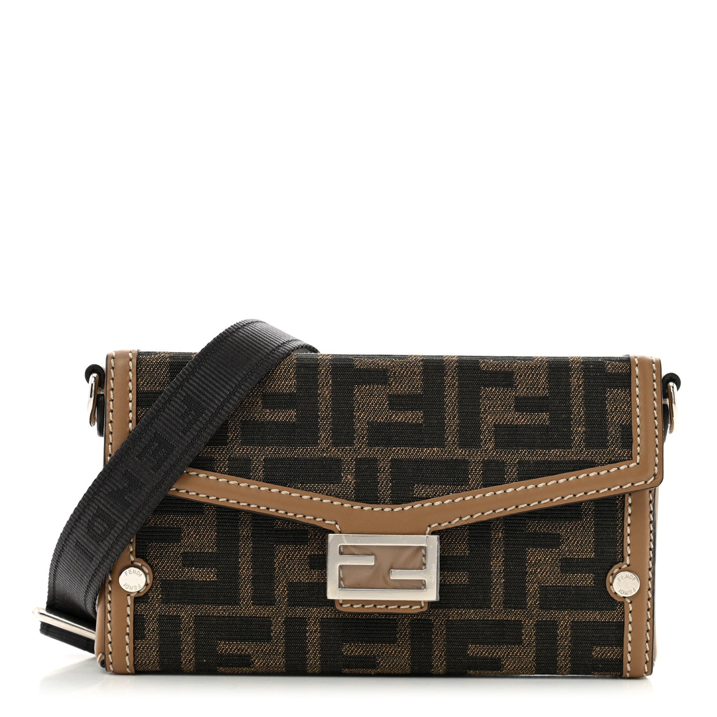 Recycled Fabric Jacquard Vitello King FF 1974 Baguette Soft Trunk Phone Pouch Tobacco Moro Sand