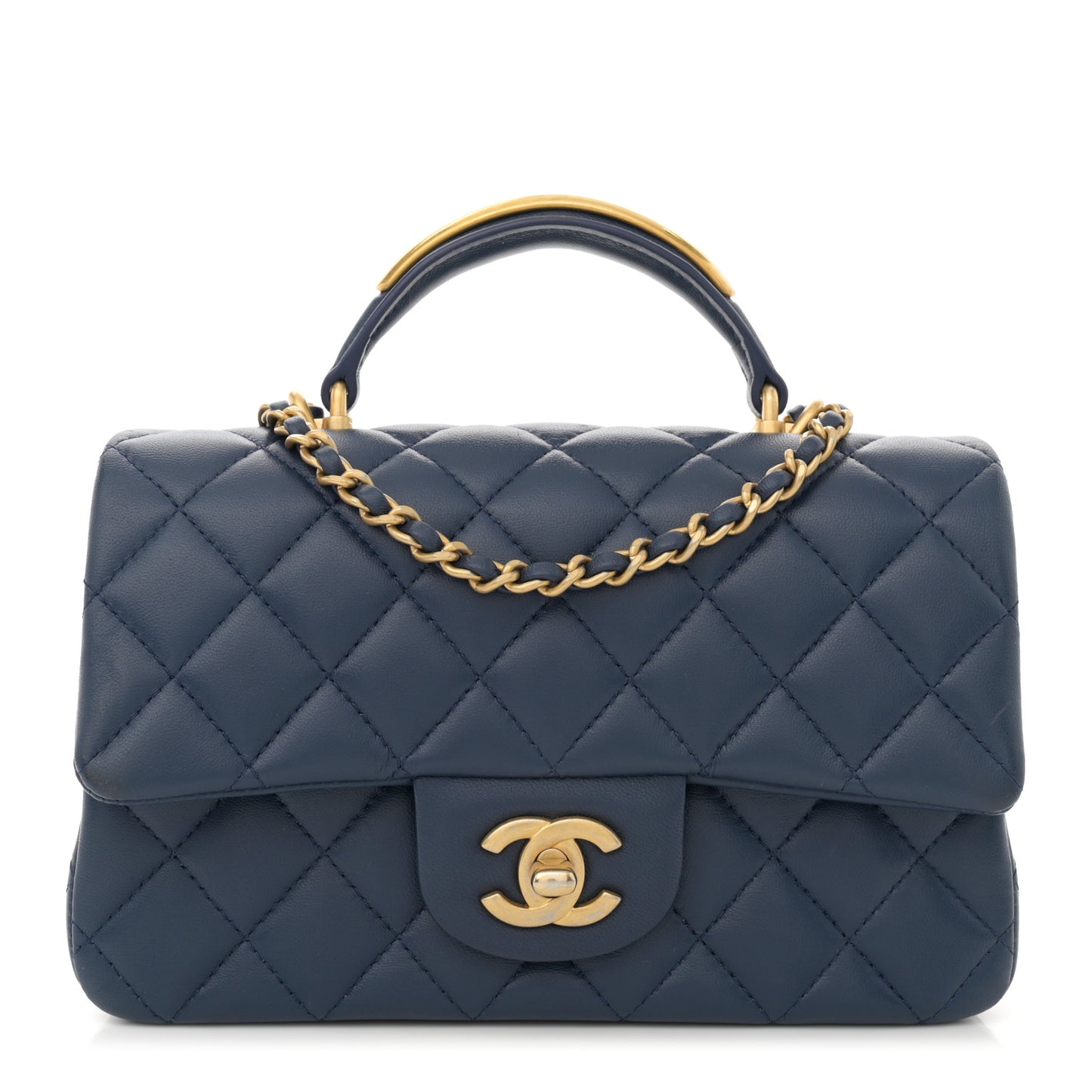 Lambskin Quilted Mini Metal Top Handle Rectangular Flap Blue