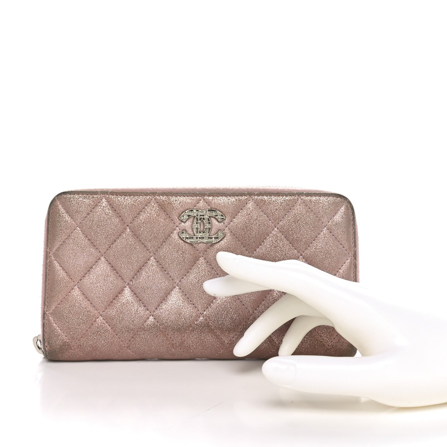Iridescent Calfskin Quilted Large Gusset Zip Around Wallet Pink