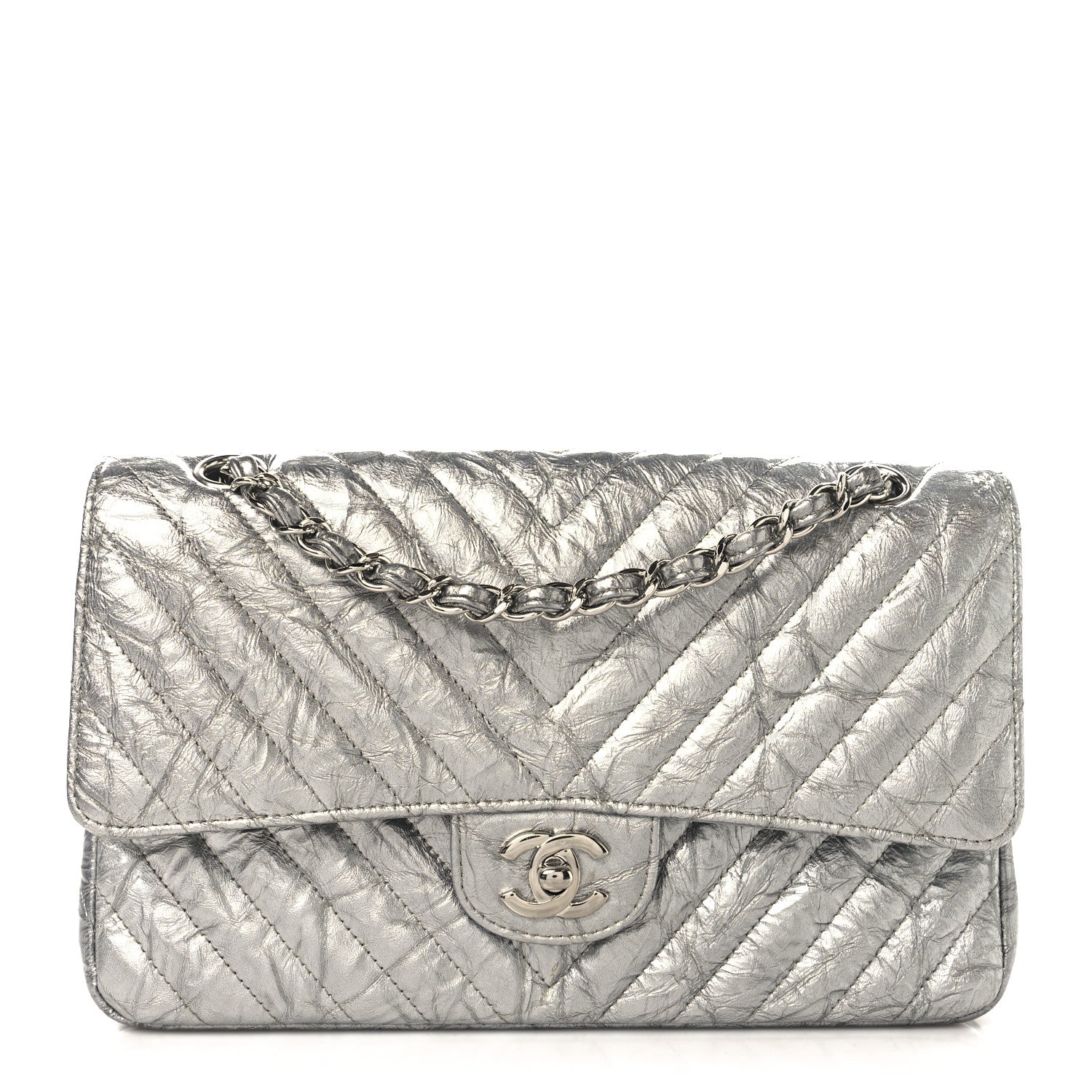 Chanel Metallic Patent Crumpled Calfskin Chevron Quilted Medium Double Flap Silver 1 of 10