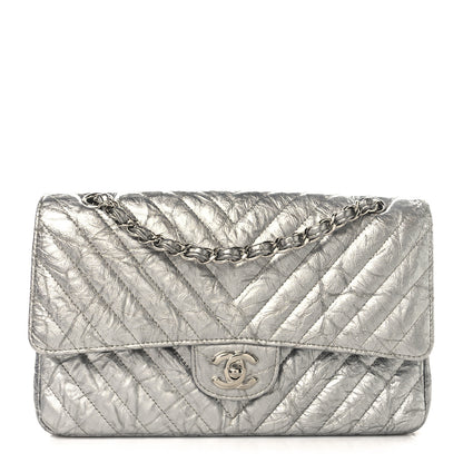 Chanel Metallic Patent Crumpled Calfskin Chevron Quilted Medium Double Flap Silver 1 of 10