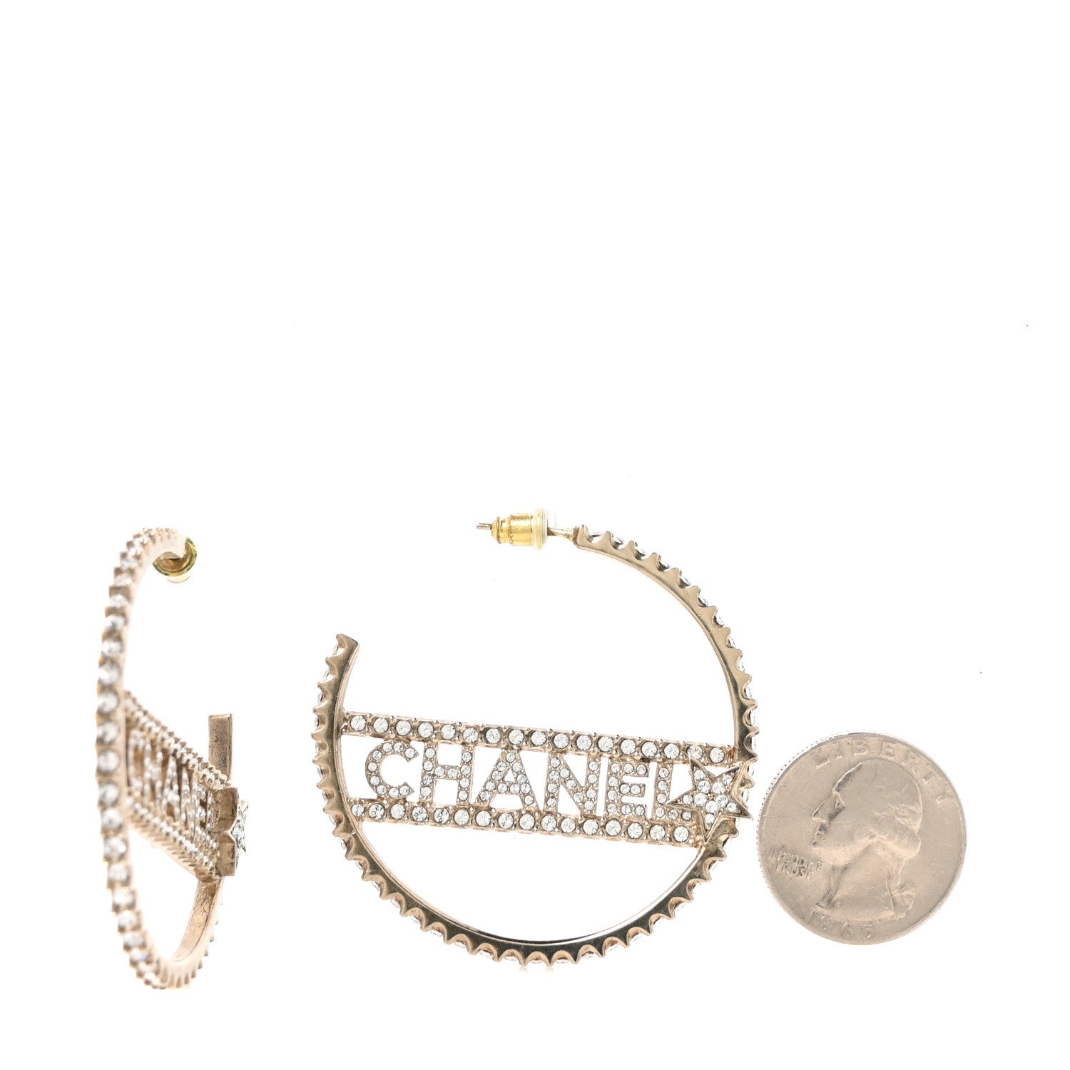Chanel Crystal Logo Hoop Earrings Gold 2 of 5