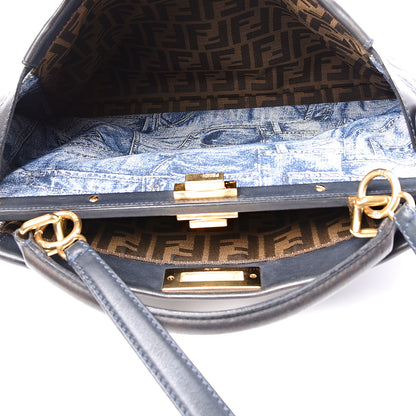Fendi Calfskin Denim Zucca Large Peekaboo Iconic Satchel Navy 5 of 11