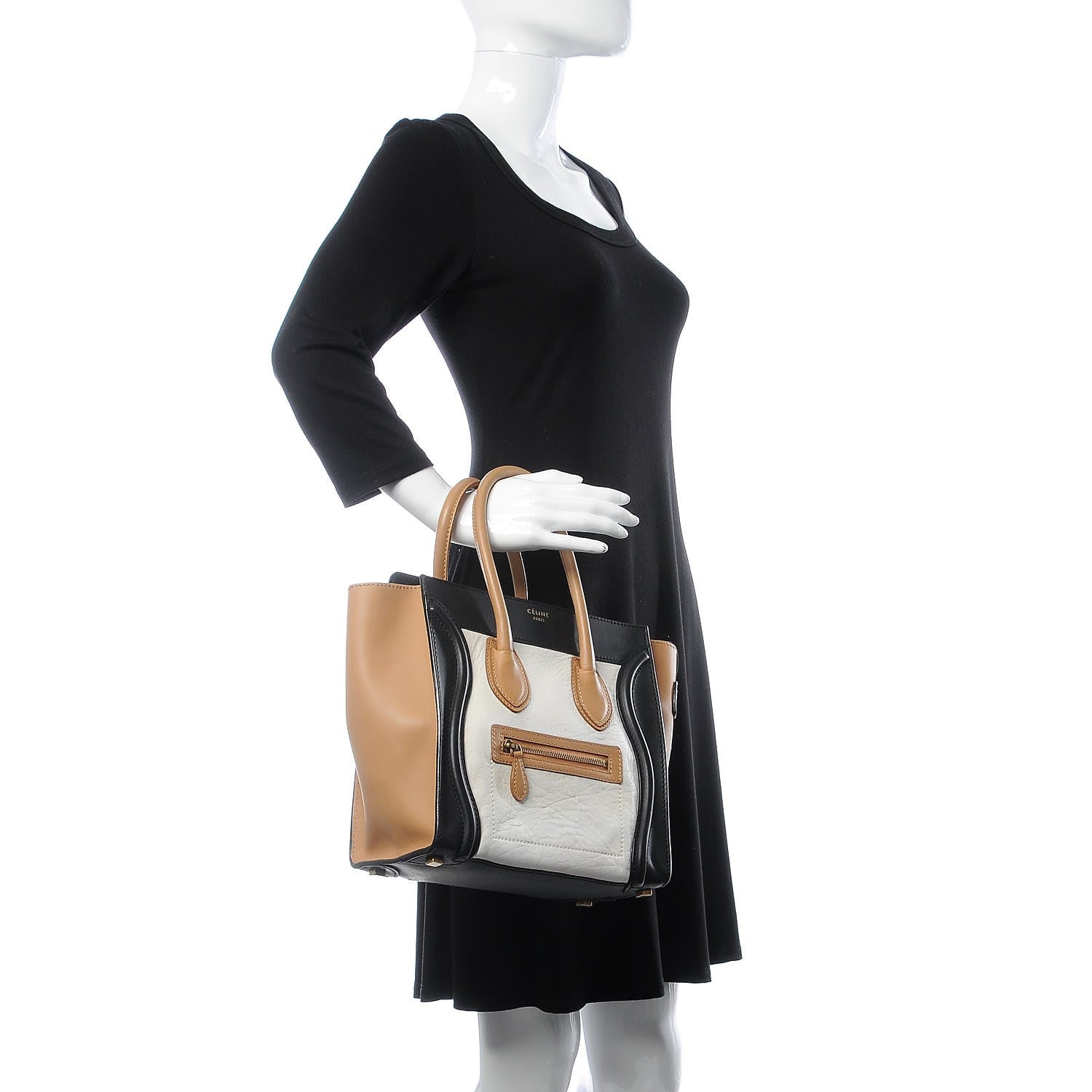 Celine Calfskin Shrunken Lambskin Micro Tri-Color Luggage Black Brown White 2 of 9