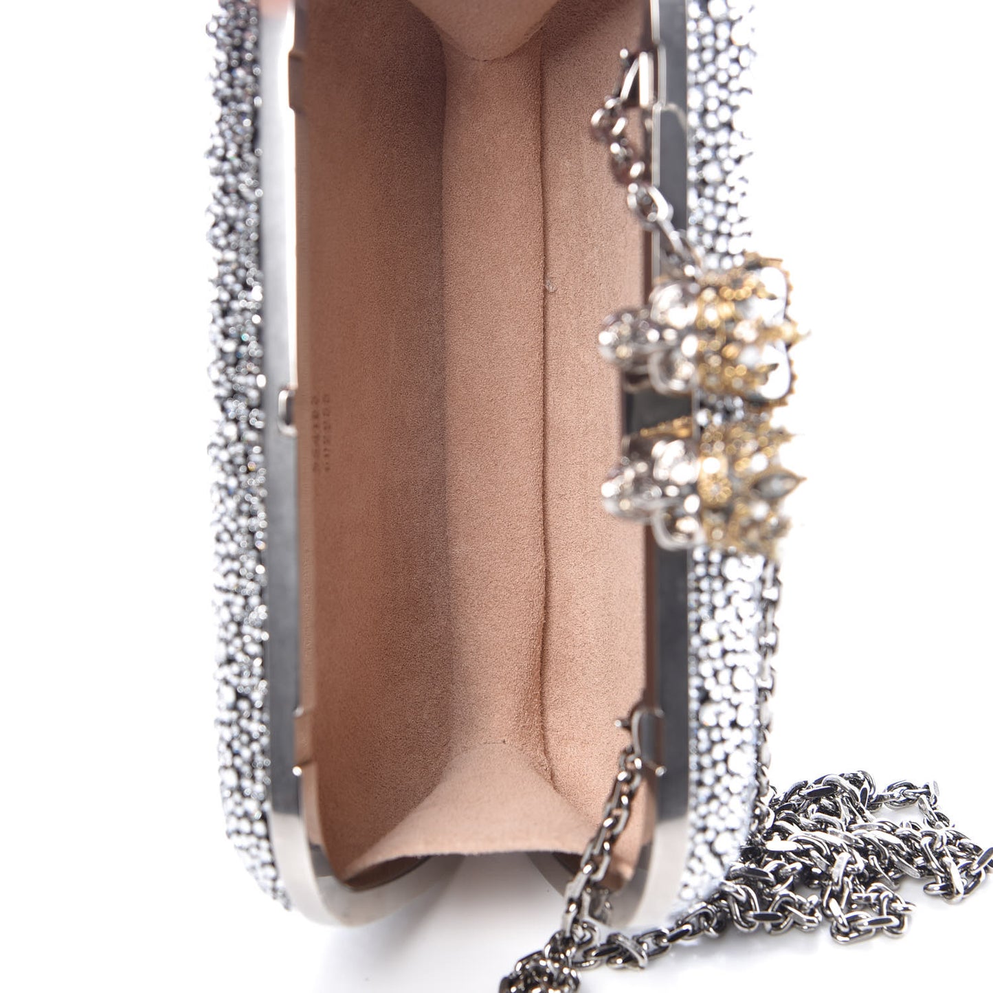 Crystal Nappa Queen and King Skull Box Chain Clutch Black Silver