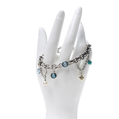 David Yurman Sterling Silver 18K Yellow Gold Blue Topaz Turquoise Pearl Old World Charm Bracelet 2 of 4