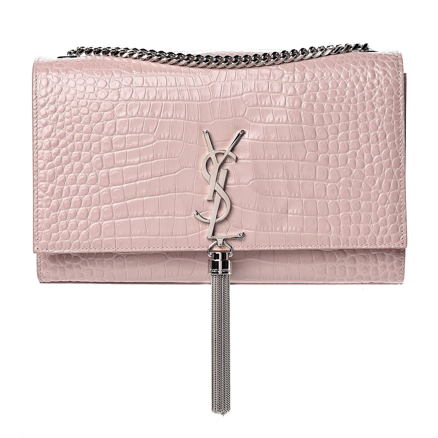 Calfskin Crocodile Embossed Medium Classic Monogram Kate Tassel Satchel Powder Pink