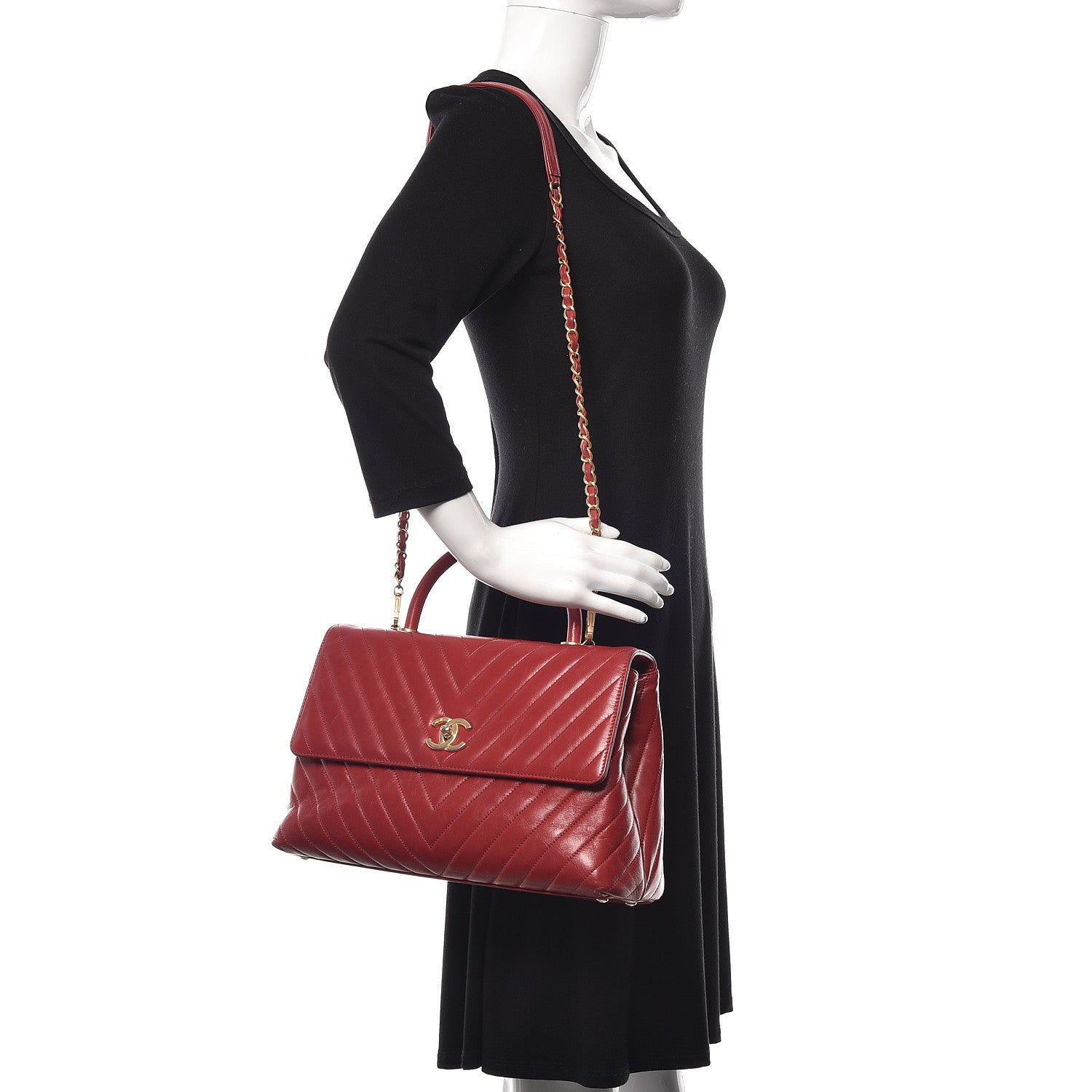 Chanel Calfskin Chevron Quilted Large Coco Handle Flap Red 2 of 11