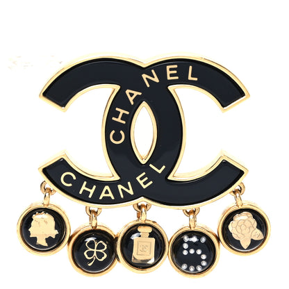 Chanel Metal Resin Enamel CC Charms Brooch Black Gold 1 of 3