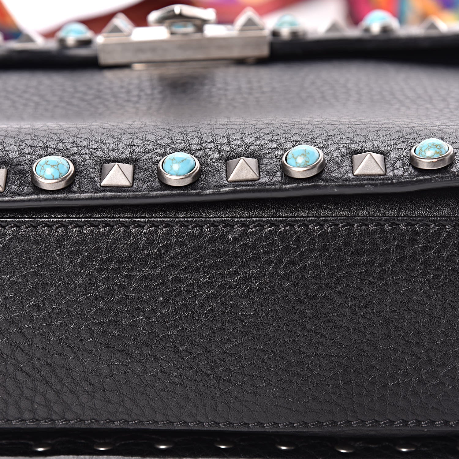 Valentino Garavani Pebbled Calfskin Turquoise Medium Guitar Strap Rockstud Rolling Flap Saddle Bag Black 14 of 17