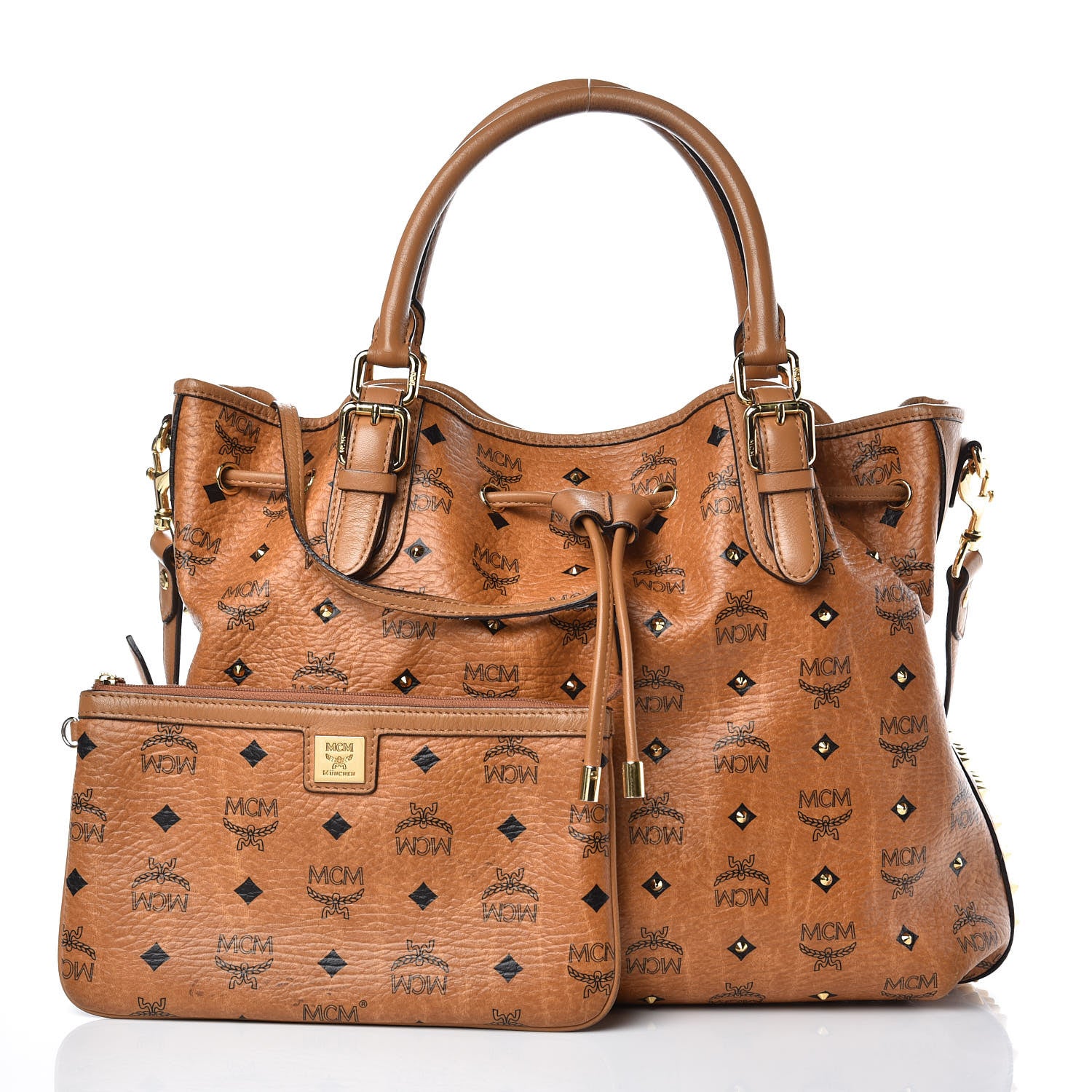 MCM Visetos Studded Medium Drawstring Shopper Cognac 3 of 15