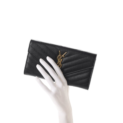 Saint Laurent Grain De Poudre Matelasse Chevron Monogram Flap Wallet Black 2 of 9