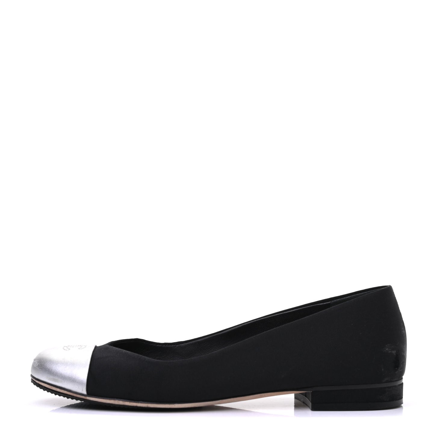 Grosgrain Metallic Lambskin Cap Toe CC Ballerina Flats 37.5 Black Silver