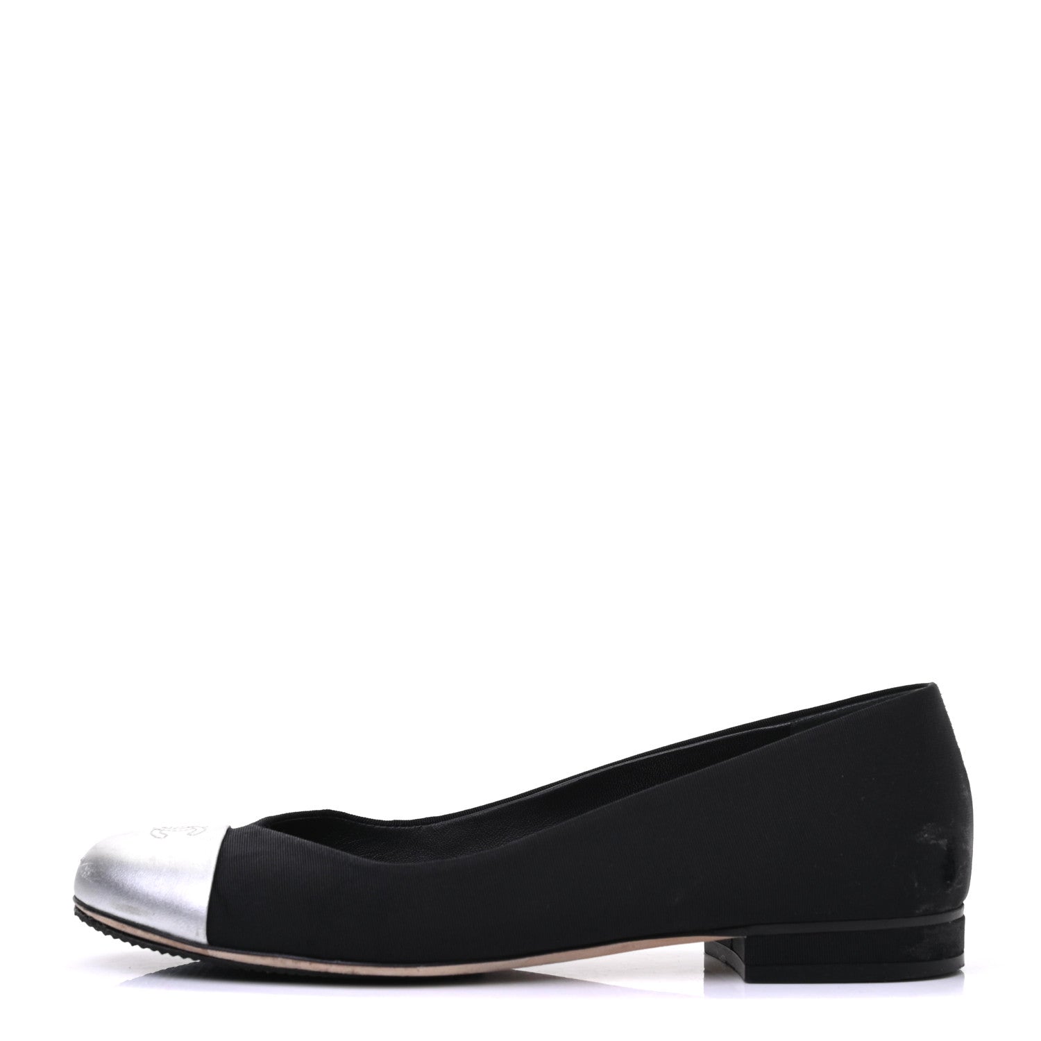 Chanel Grosgrain Metallic Lambskin Cap Toe CC Ballerina Flats 37.5 Black Silver 1 of 10